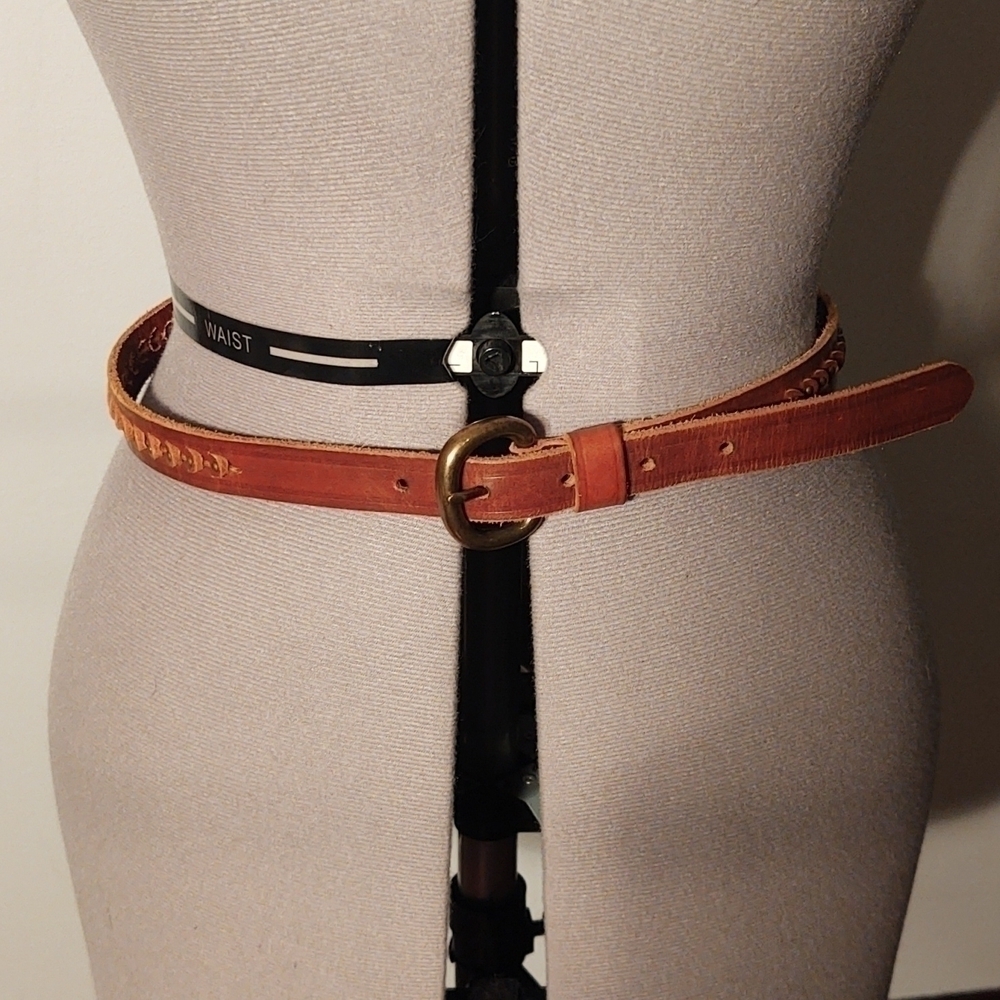 Brown Genuine Leather Thin Belt with Raised Design and Metal Rivets Sz S